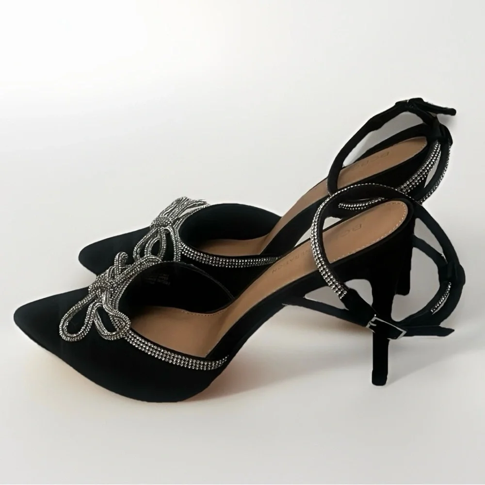 BCBGeneration Black Satin Heels Rhinestone Bows Pointed Toe Shoes Womens Sz 9.5